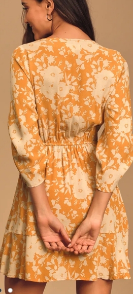Golden Yellow Floral Print Ruffled Wrap Mini Dress - Picture 2 of 6